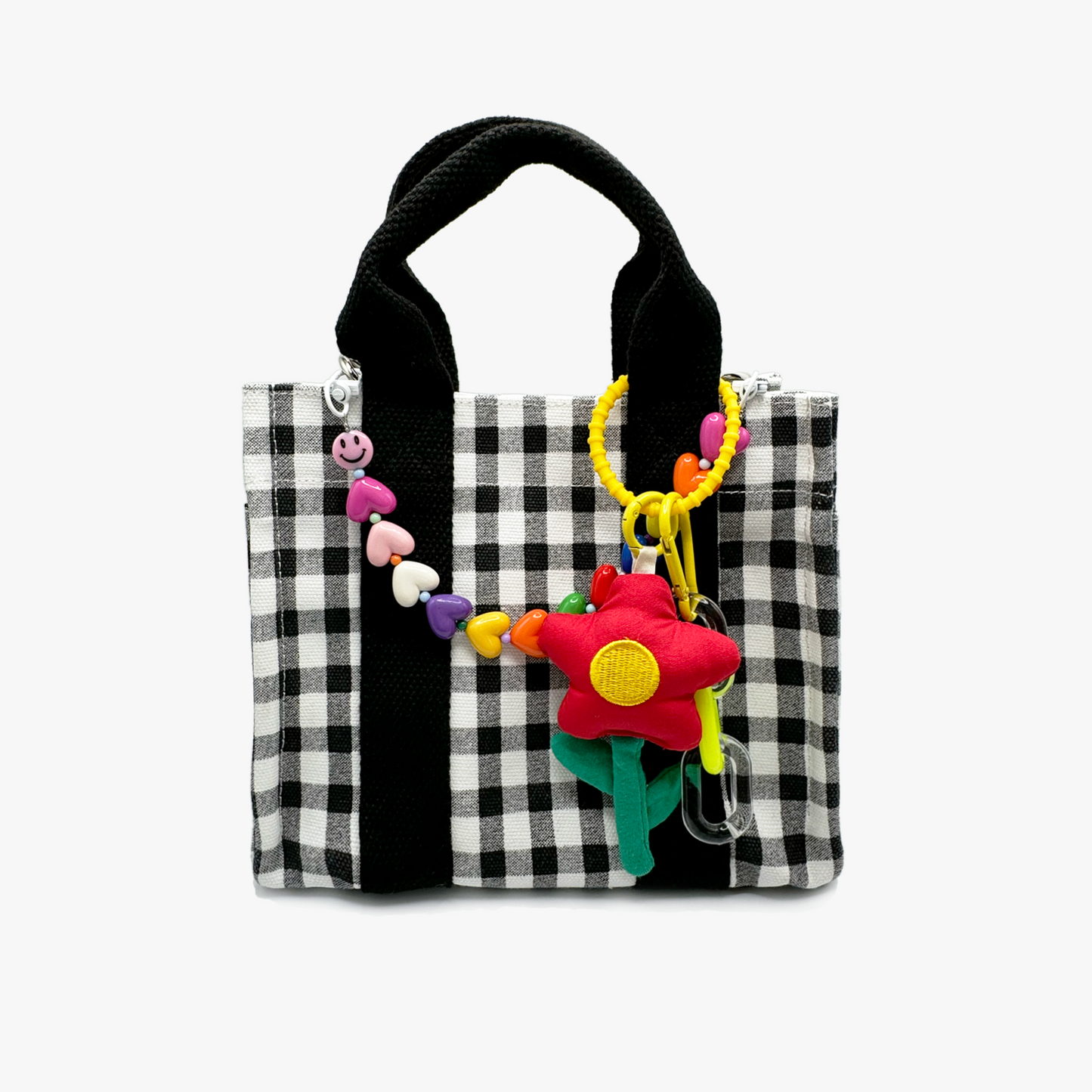 Black Gingham Canvas Bag (w/ Red Flower + Heart Charms)