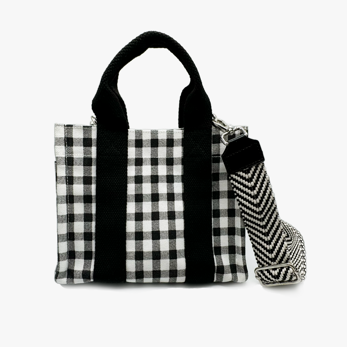 Black Gingham Canvas Bag (w/ Red Flower + Heart Charms)