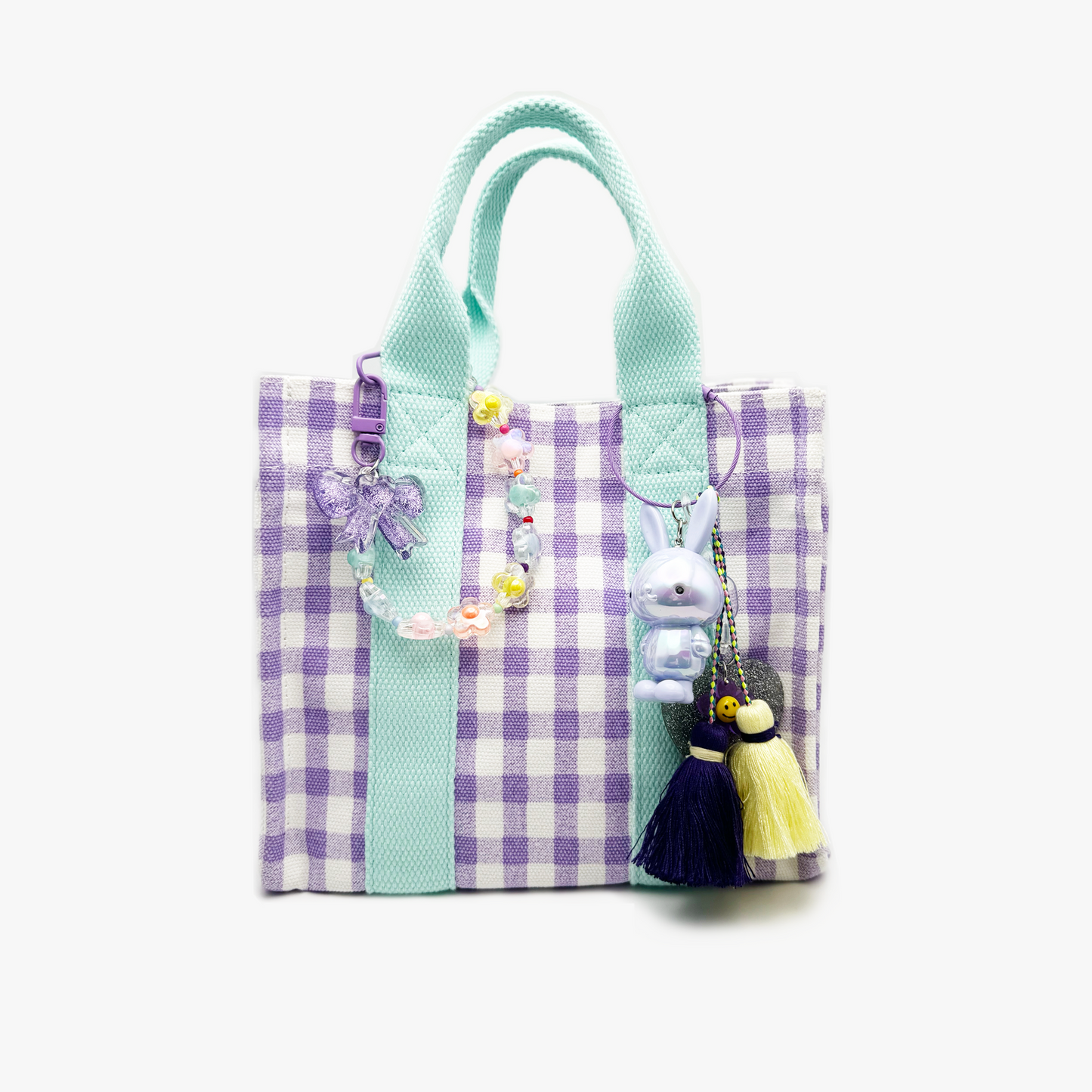 Purple Gingham Canvas Bag (w/ Purple Bunny + Ribbon Flower Charms)