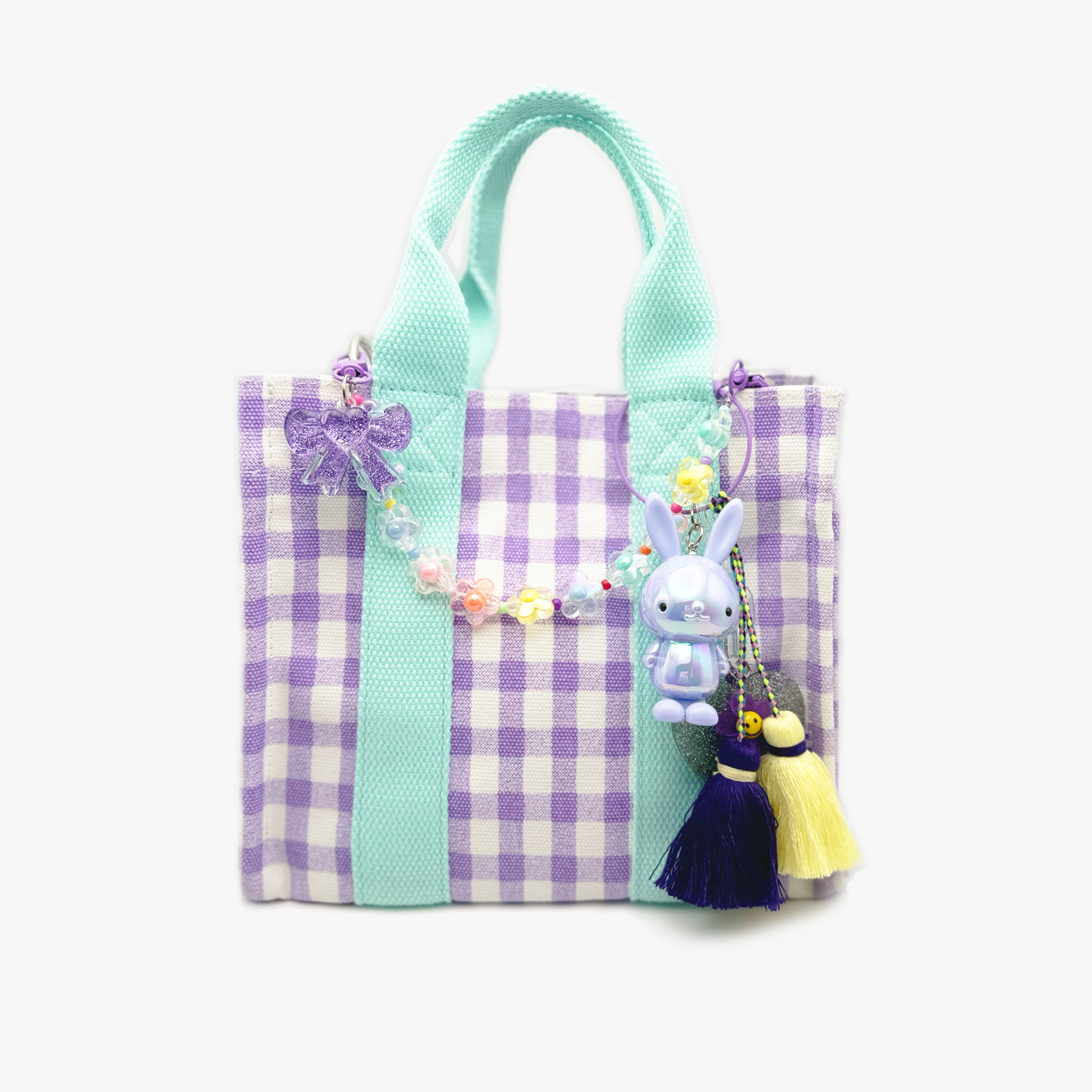 Purple Gingham Canvas Bag (w/ Purple Bunny + Ribbon Flower Charms)