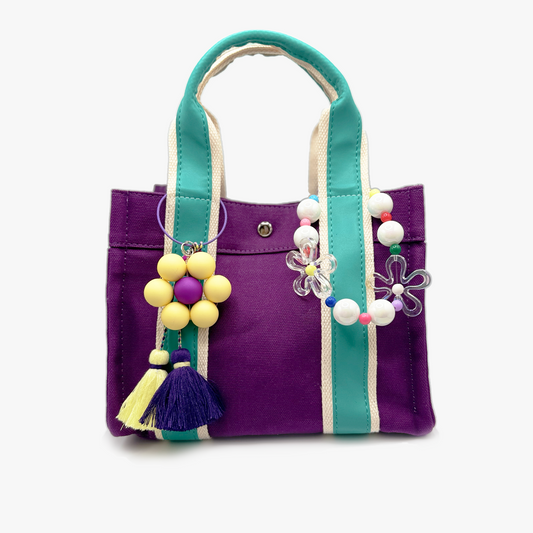 Purple Canvas Bag (w/ Yellow Flower + Iridescent Flower Charms)