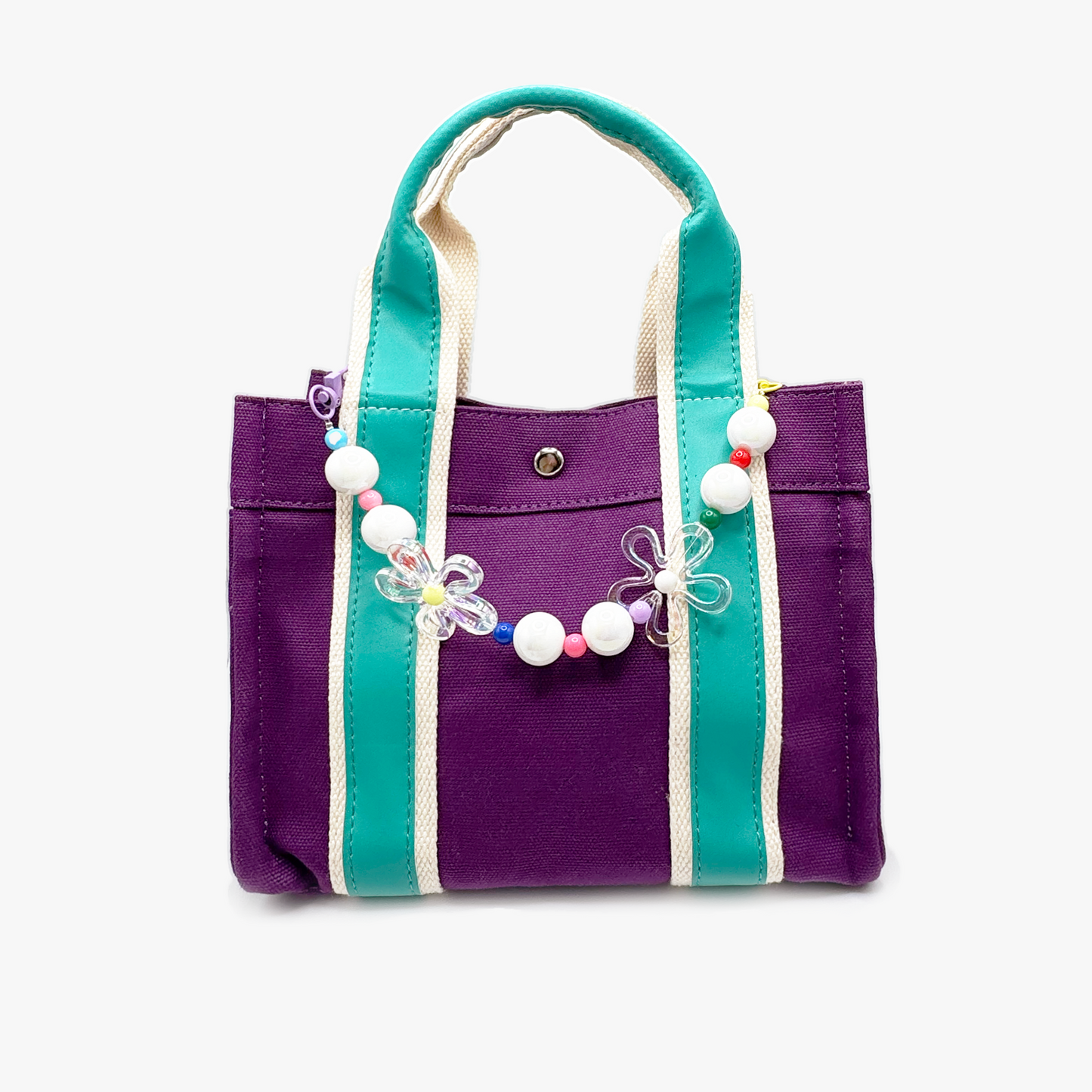 Purple Canvas Bag (w/ Yellow Flower + Iridescent Flower Charms)